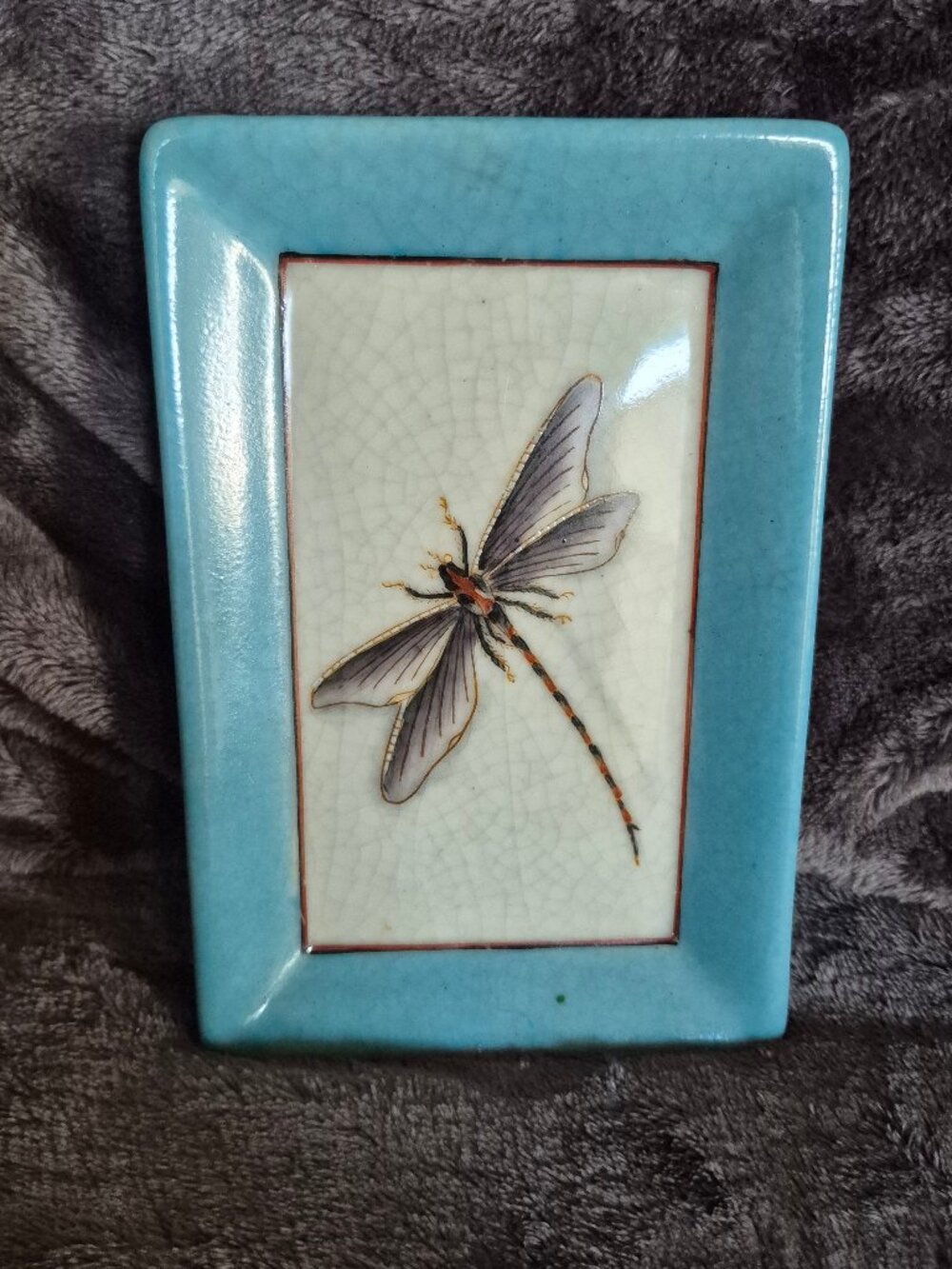VTG Homart Handpainted Dragonfly Insect Stoneware Jewelry Tray Rectangle